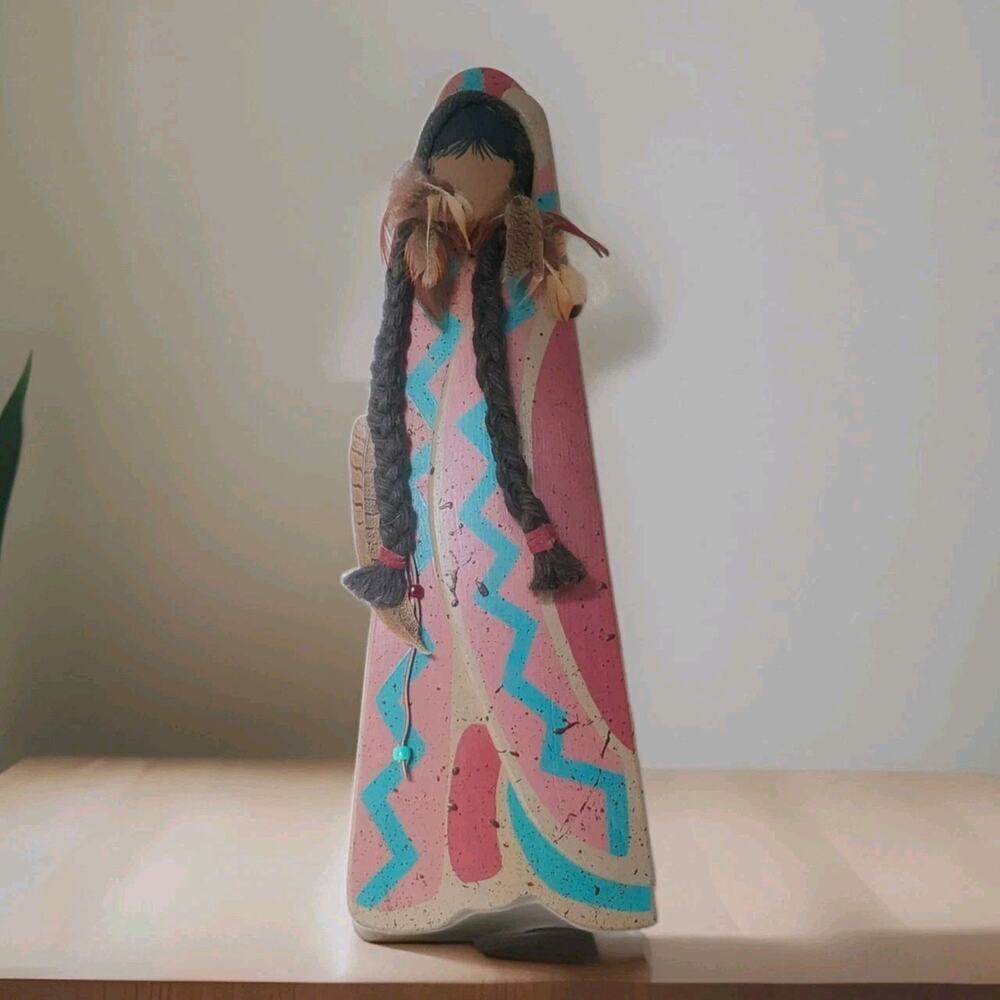 Vintage Wood 3D Native American Maiden Feathers Beads Braided Hair Wall Decor